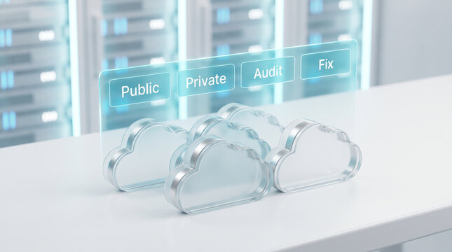 Digital cloud computing concept with floating interface buttons for public, private, audit and fix on a futuristic server room background with copy space