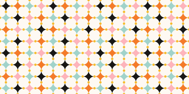 Retro geometric seamless pattern with colourful diamond stars and dots. Mid century modern festival or circus background. Repeat print for wrapping paper, textile and fabric. Vector illustration