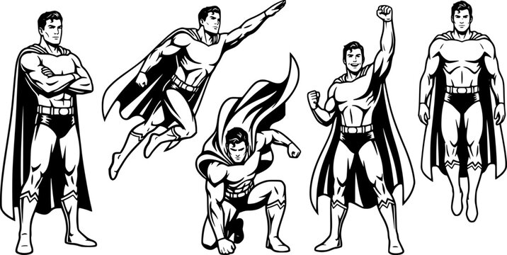 Male superhero characters. Muscular handsome superman in superheroes costume, flying and standing in action pose isolated vector illustration set. Powerful man wearing cloak or cape