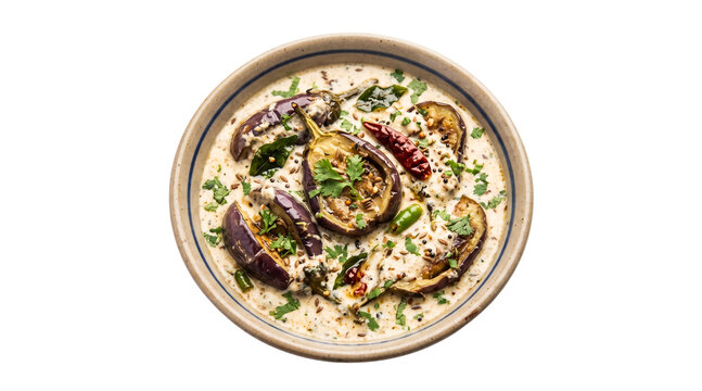 Traditional Odia dahi baigan served in a ceramic bowl featuring fried eggplant slices immersed in a spiced yogurt gravy topped with a tempering of mustard seeds, cumin, curry leaves