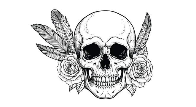 Grungy hand drawn sketch of a human skull decorated with blooming roses and long feathers, creating a gothic or memento mori aesthetic.