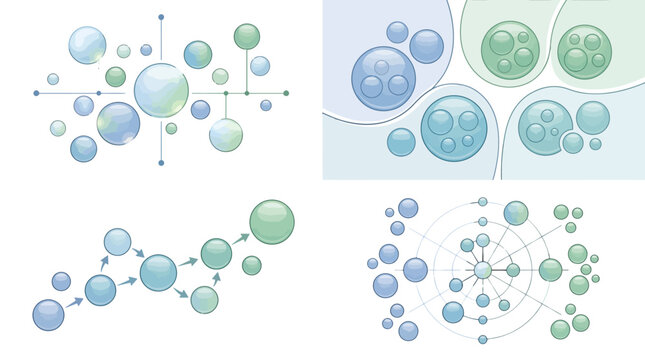 Set of four abstract bubble charts and data visualization diagrams featuring blue and green spheres with connecting lines and arrows for business infographics.