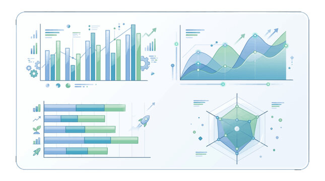 Comprehensive set of modern sales performance charts showing financial data analytics through bar graphs, area waves, horizontal progress bars, and radar icons.