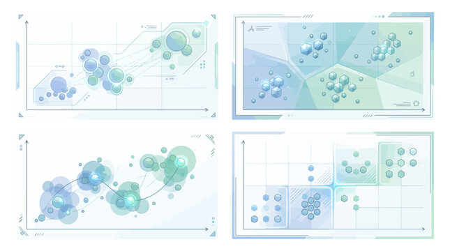 Professional set of four futuristic scatter plot charts for data visualization and business analytics with elegant blue and green nodes on a clean white grid.