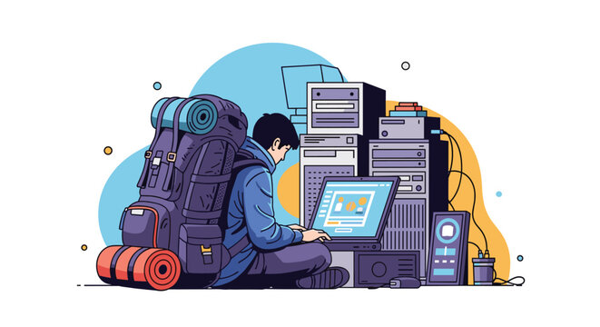 Young man wearing a large hiking backpack while working on a laptop surrounded by several desktop computers and server equipment.