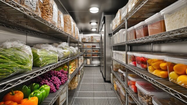 Organized walk-in cooler or pantry with fresh produce and various stored foods on shelves