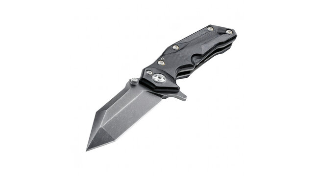 A sharp tactical folding knife featuring a textured black handle and a metallic grey blade shown on transparent background