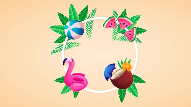 A vibrant and cheerful summer vacation circular frame animation. The design features a white circular border surrounded by lush tropical palm leaves, decorated with iconic summer elements: a pink flam