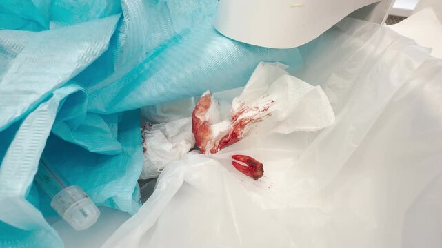 A bloody pulled tooth rests discarded among stained tissues in a dental tray next to me. Seeing it gone brings an overwhelming mix of gross disgust and intense relief.