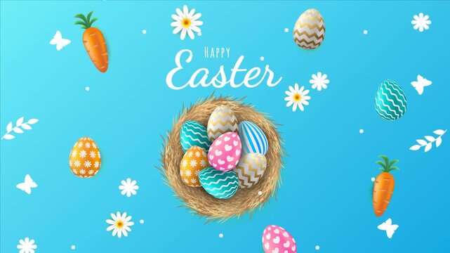 A festive and cheerful Easter holiday greeting background animation frame. The composition features a row of colorful decorated Easter eggs (pink, blue, cream, patterned) along the bottom, adorned wit