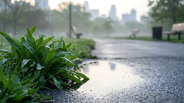 Dewy green leaves beside a rainwater puddle on a foggy park path with city buildings in the distance