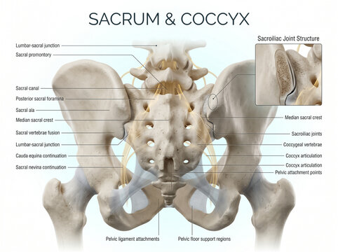 Detailed anatomical illustration showcasing the human sacrum and coccyx bones with clear medical labels for educational study and scientific research