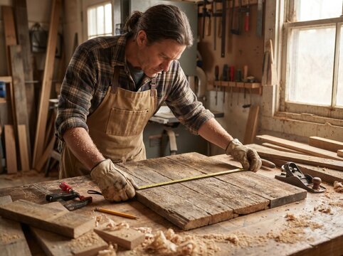 Carpenter measuring reclaimed wood with sawdust covered arms in workshop