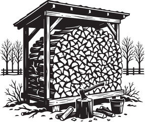 Fototapeta premium Full wood storage shed filled with chopped firewood and an axe on a stump with bucket scene for winter home heating supplies.