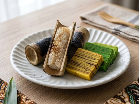 Indonesian lemang and kue lapis presentation traditional rice and layered cake on white plate