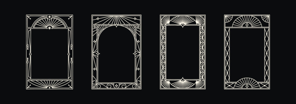 Set of mystical art deco frames with celestial sunburst and star elements on black background, vintage esoteric borders for tarot cards and invitations