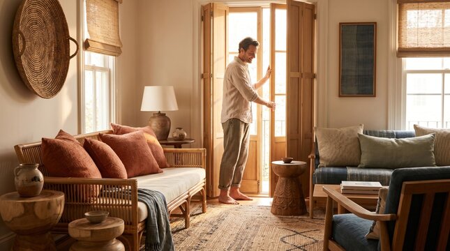 Man opening shutters in living room with woven shades and natural wood
