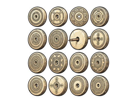 Collection Of Sixteen Carved Tagua Nut Spindle Whorls In A Grid, Each With Distinct Intricate Patterns Including Concentric Circles And Leaf Engravings, Vector Illustration