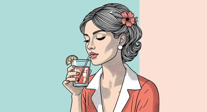 Vibrant pop art illustration of a glamorous woman drinking a cocktail through a straw with a bright hibiscus flower tucked in her hair.