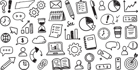 Naklejka premium Business doodle drawing icons set, hand drawn collection of office, finance, and marketing symbols, educational elements. Vector Illustration