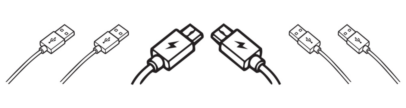 Collection of USB cables and connectors isolated on white background symbolizing connection and data transfer technology for devices.