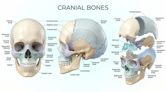 Detailed educational medical diagram showing the anatomy of human cranial bones with labels for frontal parietal and occipital skull sections