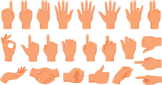 Human hands collection showing various gestures counting pointing and signaling isolated on transparent background vectors. Vector Illustration
