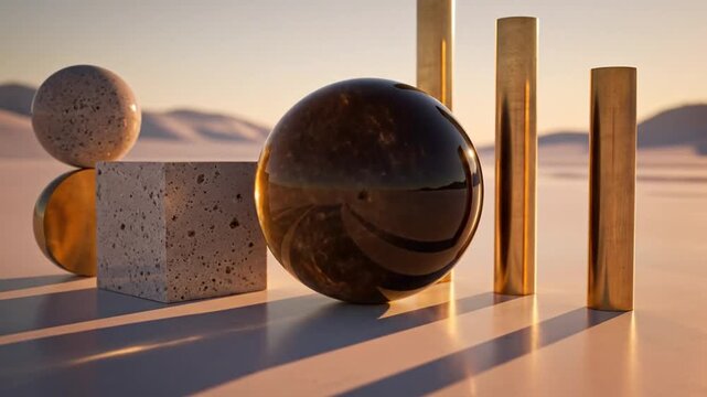 3D render featuring a glossy black sphere, textured stone cube, and gold metallic cylinders arranged in a balanced minimalist composition within a desert landscape during sunset.