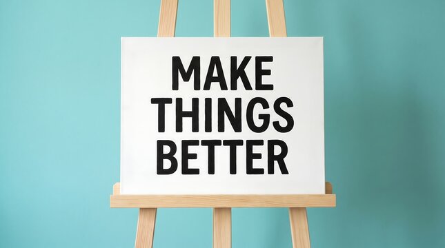 Inspirational quote Make Things Better on white canvas, wooden easel with motivational message, minimalist art studio setup on teal background