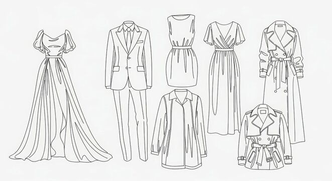 Various clothing items including dress, suit, coat and jacket outline. Fashion design sketch for tailor workshop or boutique store. Creative vector illustration of apparel collection.