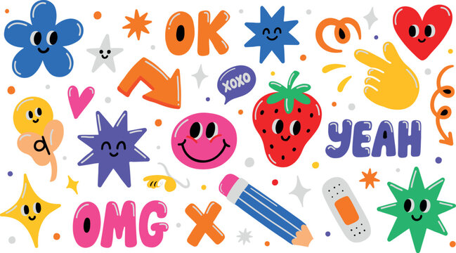 Set of trendy quirky sticker elements, including words like OK, OMG, YEAH, XOXO, with various cute cartoon objects. Vector Illustration