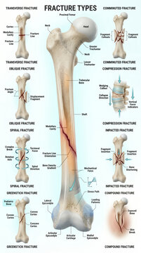Detailed medical educational chart illustrating various human bone fracture types including transverse oblique spiral greenstick comminuted compression impacted and compound breaks