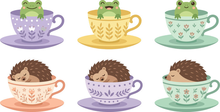 Cute cartoon frogs and hedgehogs sitting in decorated teacups for whimsical nursery decor art