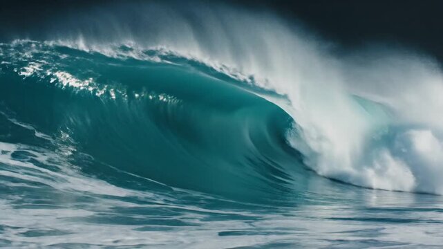 Cinematic high-contrast view of massive turquoise ocean wave curling into barrel shape with white mist and spray against dark background, showcasing powerful hydraulic movement.