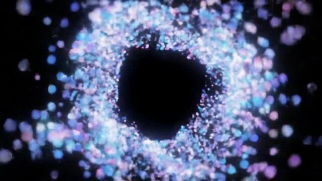 Abstract blue and purple glowing particles swirling in a circular ring around a central empty black void, featuring soft bokeh light effects and digital motion on a dark background.