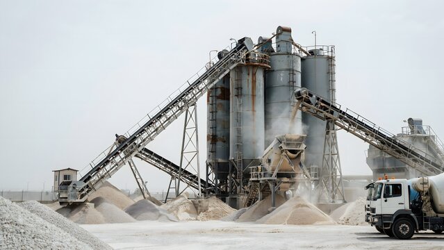 Industrial Cement Plant with Conveyors and Storage Silos in a Mining Area