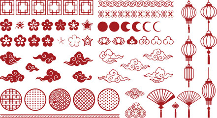 Fototapeta premium Chinese new year decorative elements with traditional lanterns flowers clouds and patterns isolated on background assets. Vector Illustration