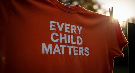 Orange shirt with Every Child Matters text hanging on clothesline. Symbolic garment for National Day for Truth and Reconciliation. Protest against residential school injustice awareness.
