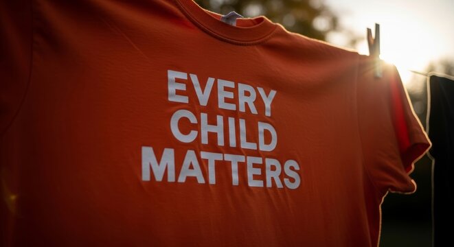 Orange shirt with Every Child Matters text hanging on clothesline. Symbolic garment for National Day for Truth and Reconciliation. Protest against residential school injustice awareness.