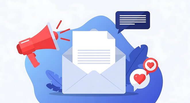 A hand holds an open envelope with a letter, surrounded by a megaphone, chat bubbles with hearts, and a text box, illustrating communication.