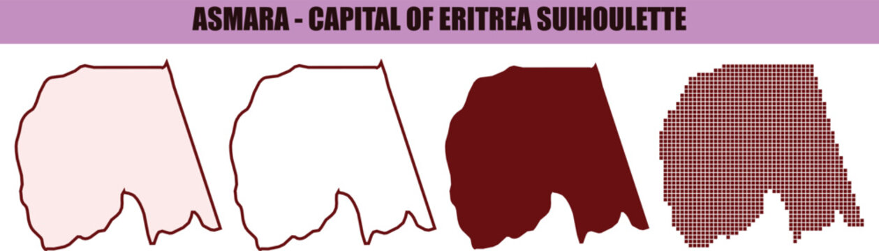 Asmara city map silhouette vector set, Eritrea capital city borders in maroon and pink, four geographic outline icons for travel infographics