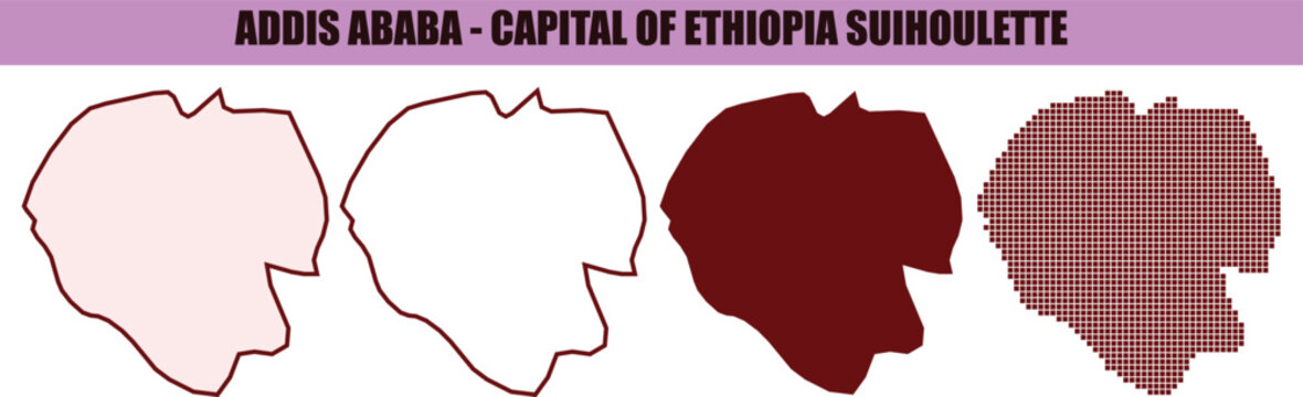Addis Ababa city map silhouette collection, Ethiopia capital administrative borders vector set, minimalist urban geography outlines in maroon and pink