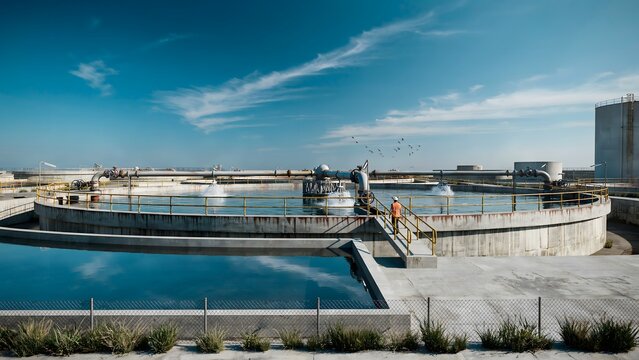 Aerial View of a Large Water Treatment Facility with Circular Tanks and Infrastructure