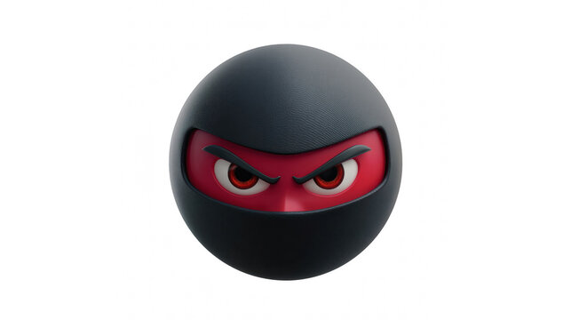 Small round ninja ball with intense red eyes and a dark textured mask on transparent background