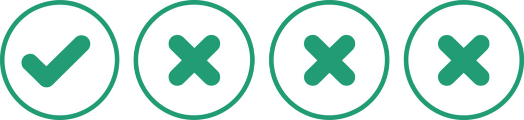 Check box tick mark icon set, correct and incorrect symbols, green approval ticks and red rejection crosses for checklists, verification, and web design. © VectorPeak