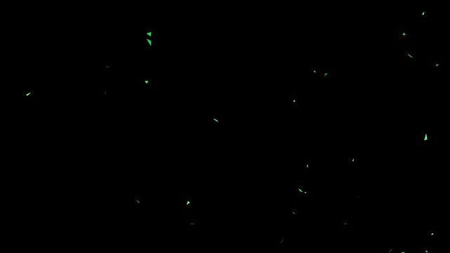 Green geometric triangle particles floating on black background, abstract motion overlay triangles