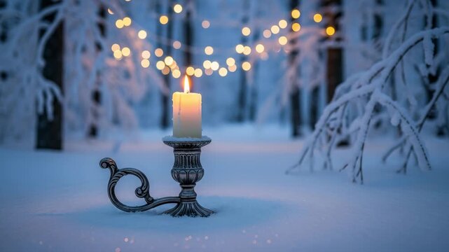Glowing candle in snowy winter forest with bokeh Christmas lights 4K Ai HD high quality video.