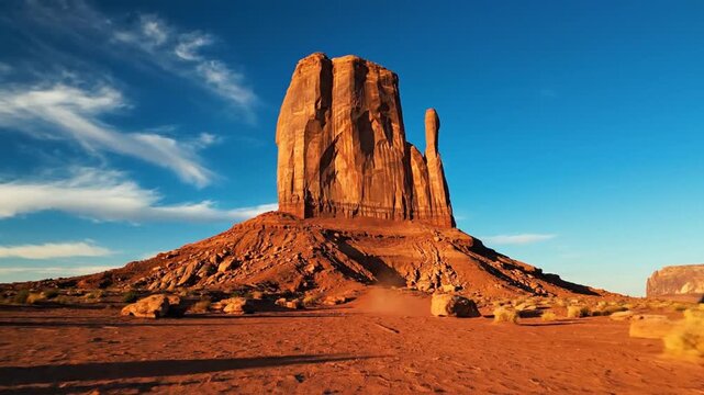 Massive isolated monolithic rock formation standing against a clear open sky in a remote desert landscape during daylight, showing weathered geological textures and natural stone structure.