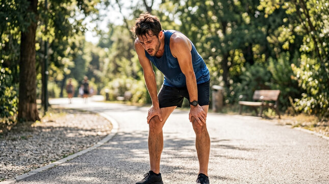 Exhausted male runner recovering from heat stress after training on a hot summer day. Tired athlete with sweat soaked shirt resting on a park path. Outdoor fitness and extreme weather concept