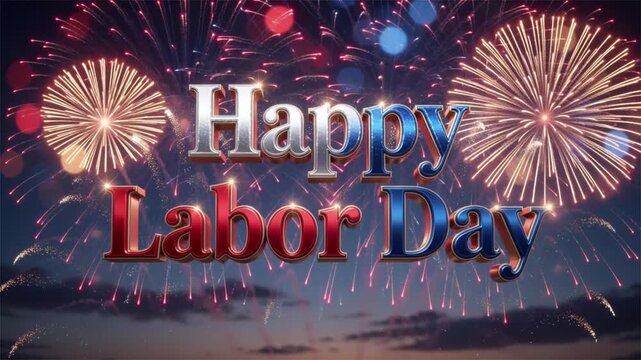 Happy Labor Day gold 3D fireworks background for holiday greetings, sale campaigns, social media reels, and festive American celebration videos